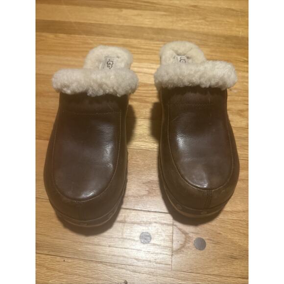 UGG Leather Clogs Mule Shearling Wooden Fur Slip-on Shoes Brown Size 9 - Picture 2 of 12